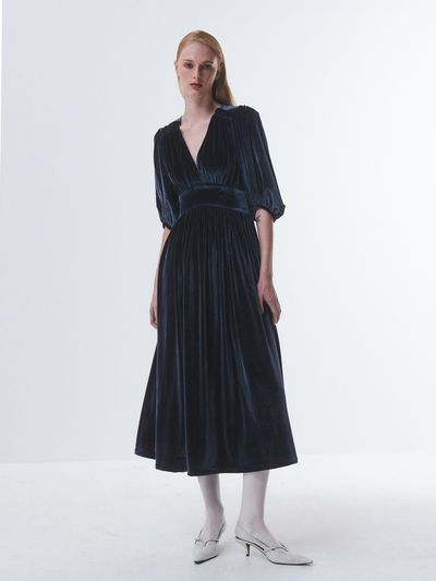 Emin & Paul Velvet V-neck Full Length Dress [Charcoal]