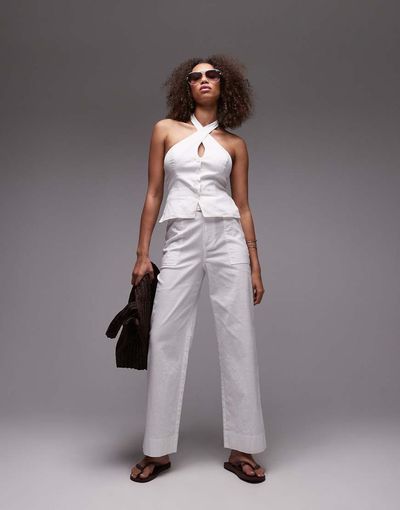 Emory Park Emory Park belt detail wide leg linen look pants in white - part of a set