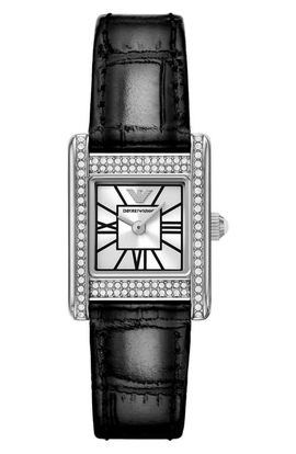 Emporio Armani Emporio Armani Crystal Bezel Tank Leather Strap Watch, 20mm x 26mm