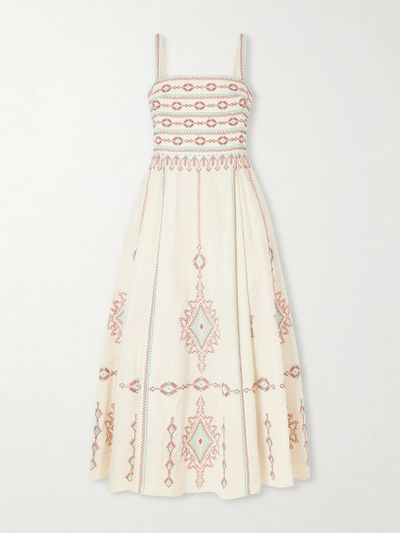EMPORIO SIRENUSE Aneeda Astragal Mare embroidered linen cotton-blend midi dress