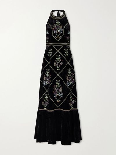 EMPORIO SIRENUSE Chantal Agra flower-embroidered velvet midi dress