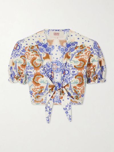 EMPORIO SIRENUSE Poppy knotted printed cotton-poplin cropped top