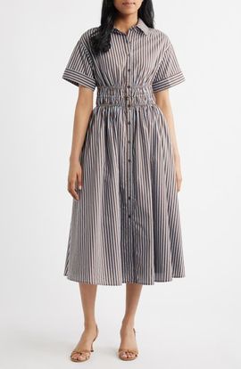 En Saison En Saison Stripe Short Sleeve Cotton Blend Midi Shirtdress