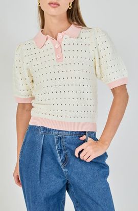 Endless Rose Endless Rose Colorblock Pointelle Polo Sweater