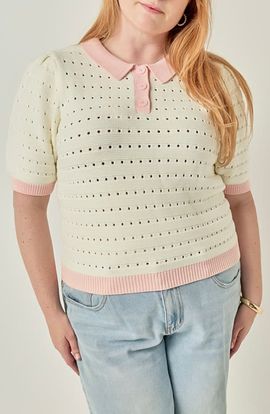 Endless Rose Endless Rose Colorblock Pointelle Short Sleeve Polo Sweater