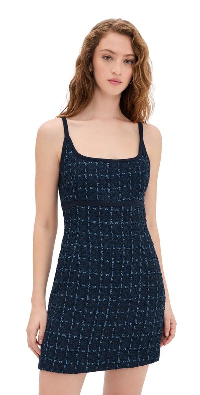 Endless Rose Knit Trimmed Tweed Mini Dress Navy