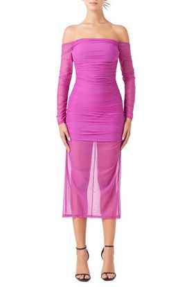 Endless Rose Endless Rose Long Sleeve Off the Shoulder Mesh Midi Body-Con Dress