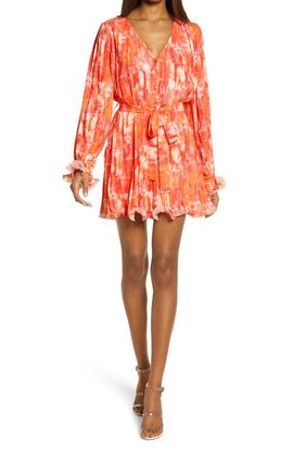 Endless Rose Endless Rose Watercolor Print Pleated Long Sleeve Fit & Flare Dress