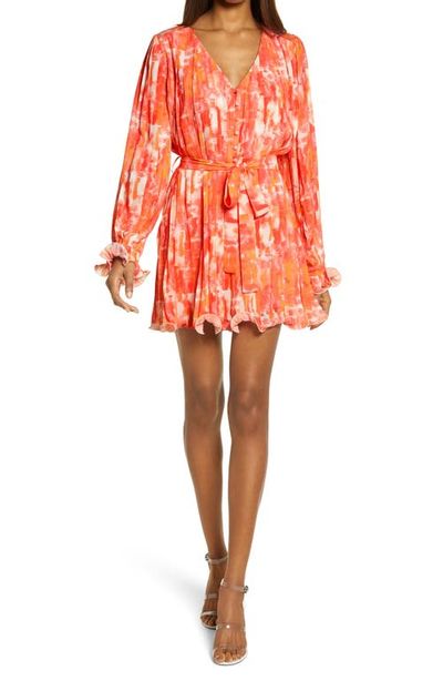 Endless Rose Endless Rose Watercolor Print Pleated Long Sleeve Fit & Flare Dress