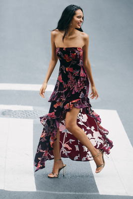 Endless Rose - Strapless Ruffled Velvet High-Low Dress