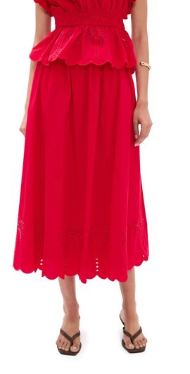 English Factory English Factory Embroidered High Waist Midi Skirt Red