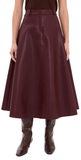 English Factory English Factory Faux Leather A-Line Midi Skirt Burgundy