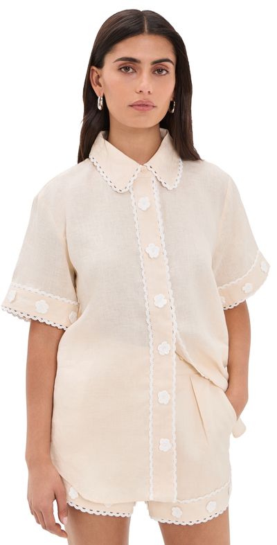 English Factory English Factory Floral Linen Button Down Shirt Light Beige