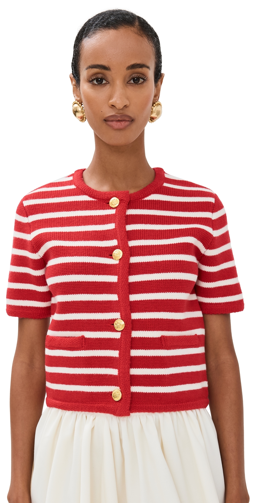 English Factory Knit Striped Sweater Cardigan Red/White XL