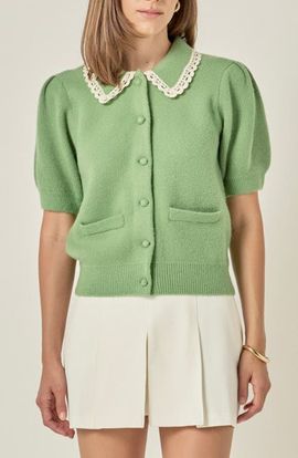 English Factory English Factory Lace Trim Puff Sleeve Cardigan