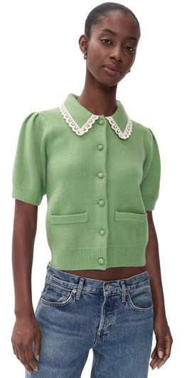 English Factory English Factory Lace Trim Puff Sleeve Knit Cardigan Sage