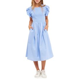 English Factory English Factory Puff Sleeve Mixed Media Midi Dress