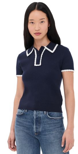 English Factory English Factory Scallop Detailed Short Sleeve Polo Navy/White
