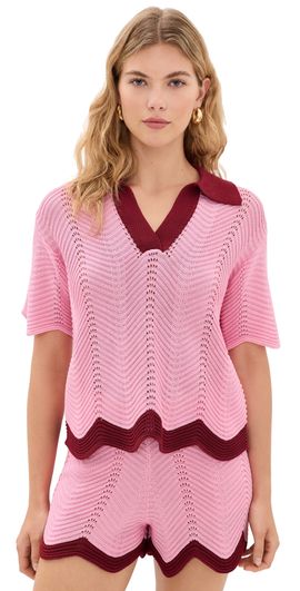 English Factory English Factory Scallop Polo Short Sleeve Knit Pink/Burgundy