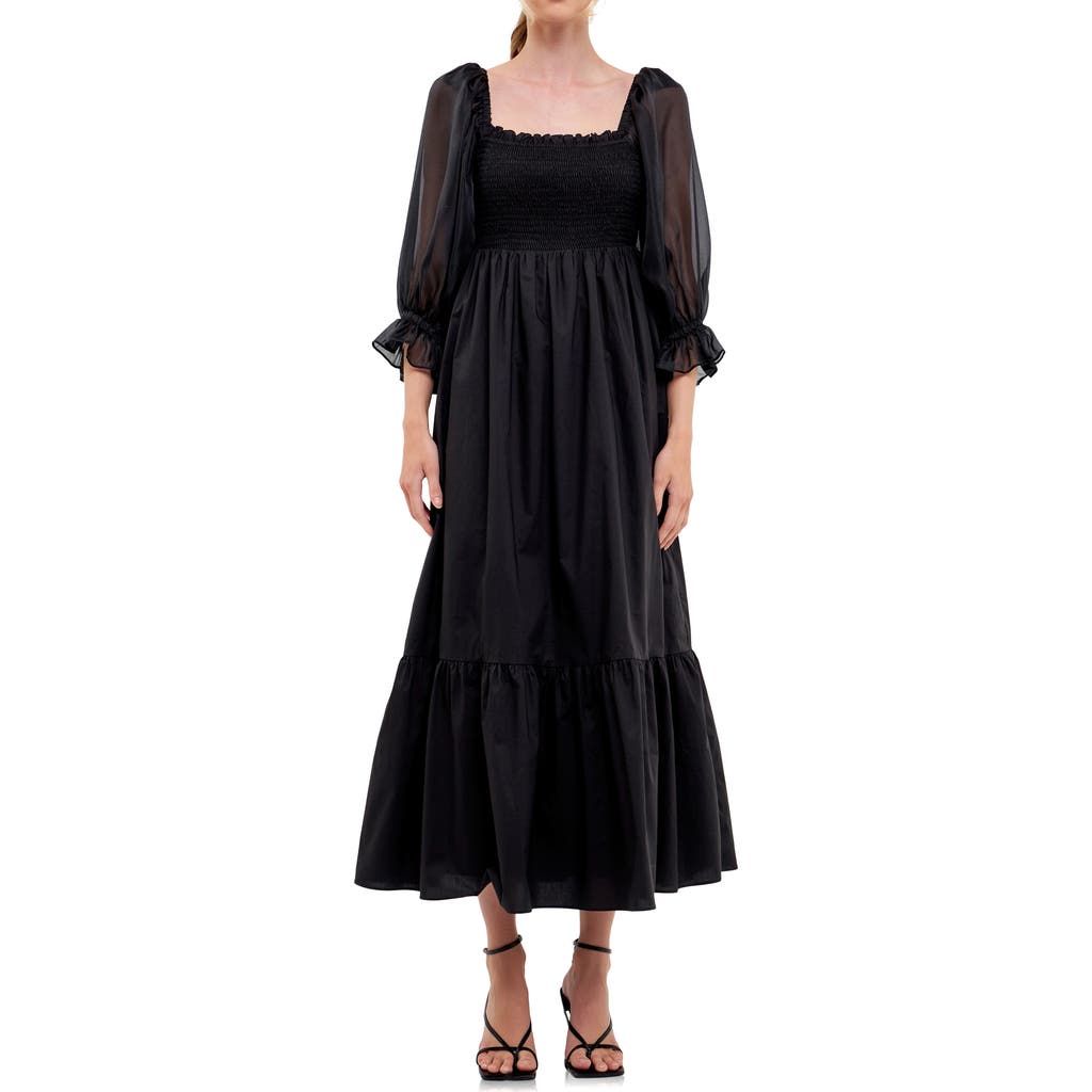 English Factory English Factory Smocked Poplin & Organza Midi Dress