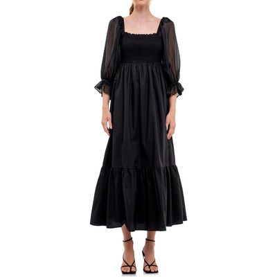English Factory English Factory Smocked Poplin & Organza Midi Dress