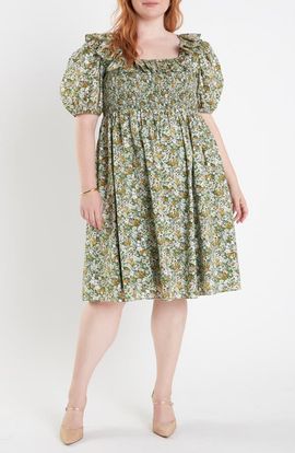 English Factory English Factory Smocked Puff Sleeve Floral Cotton Dress