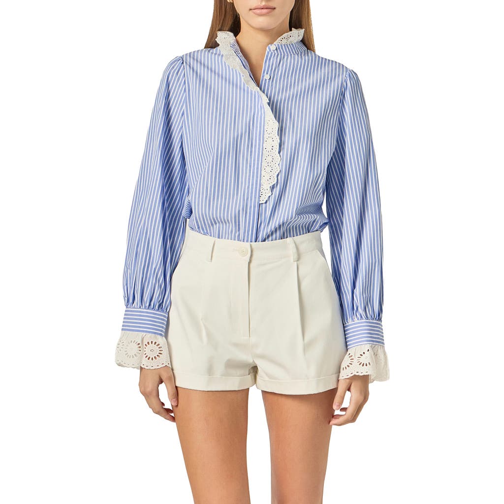 English Factory English Factory Stripe Scalloped Lace Trim Button-Up Shirt