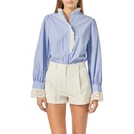 English Factory English Factory Stripe Scalloped Lace Trim Button-Up Shirt