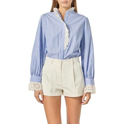English Factory English Factory Stripe Scalloped Lace Trim Button-Up Shirt
