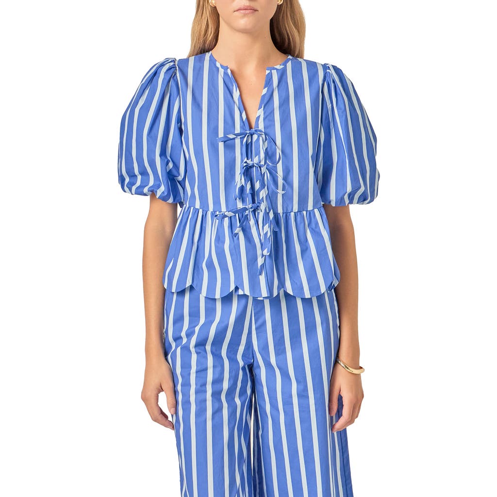 English Factory English Factory Stripe Tie Front Puff Sleeve Top
