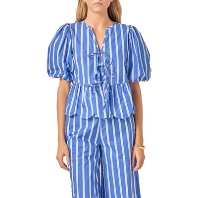 English Factory English Factory Stripe Tie Front Puff Sleeve Top