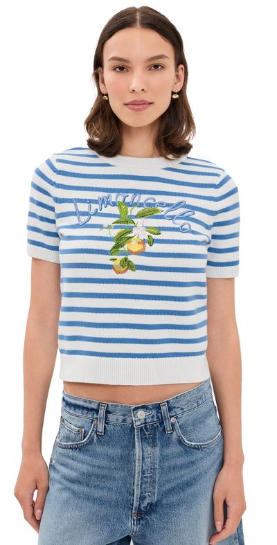 English Factory English Factory Striped Lemon Short Sleeve Sweater White/Blue