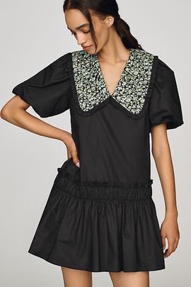 English Factory Floral Collar Drop Waist Mini Dress
