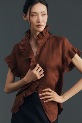 English Factory Linen Ruffle Shirt Top