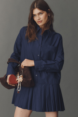 English Factory - Long-Sleeve Pleated Mini Shirt Dress