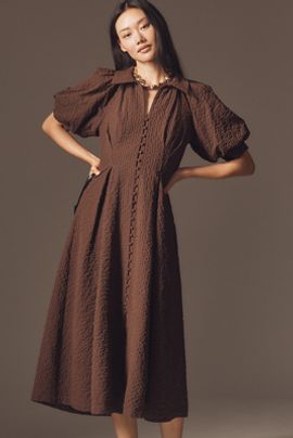 English Factory Puff-Sleeve Textured Midi Shirtdress