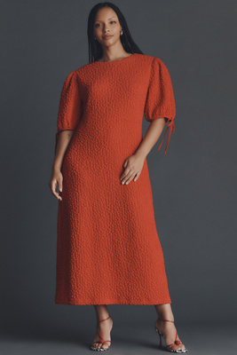english factory short sleeve textured midi dress Puff Sleeve Midi Dress English Factory