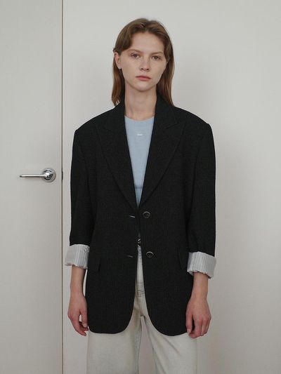 Enor Stripe Tweed Single Jacket [Black]