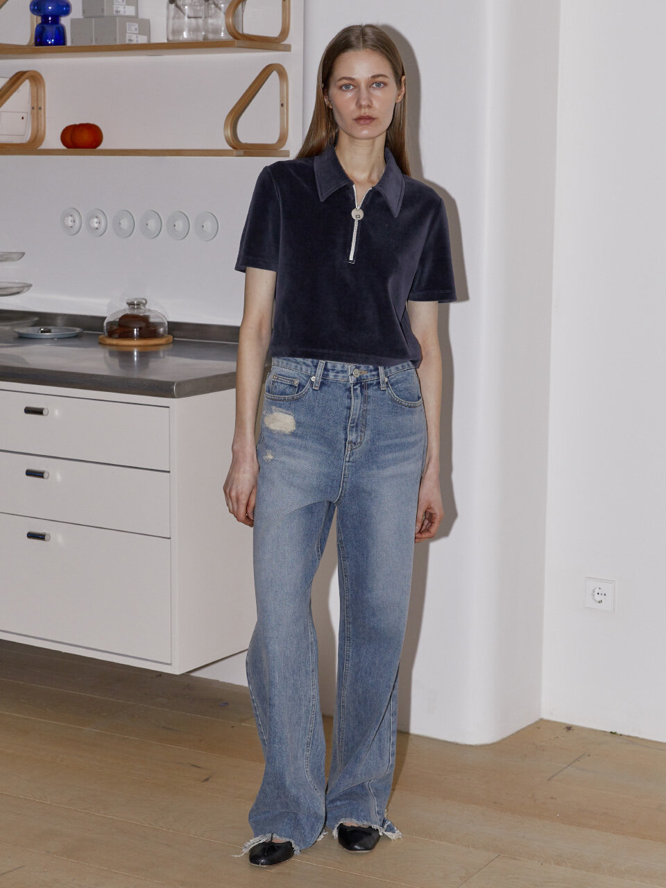 Enor Velour Zip-up Polo Top _Navy