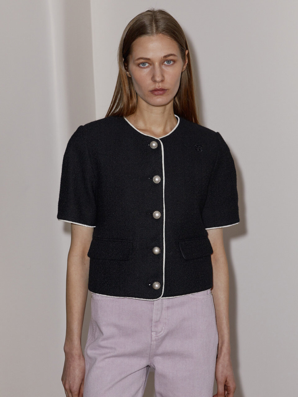 Enor Velvet Trimmed Cotton Crop Jacket _Black