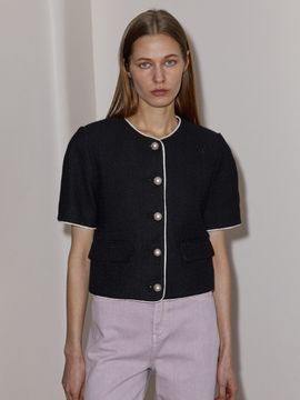 Enor Velvet Trimmed Cotton Crop Jacket _Black