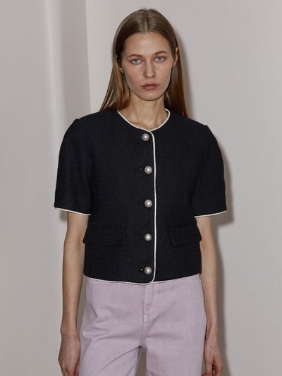 Enor Velvet Trimmed Cotton Crop Jacket _Black