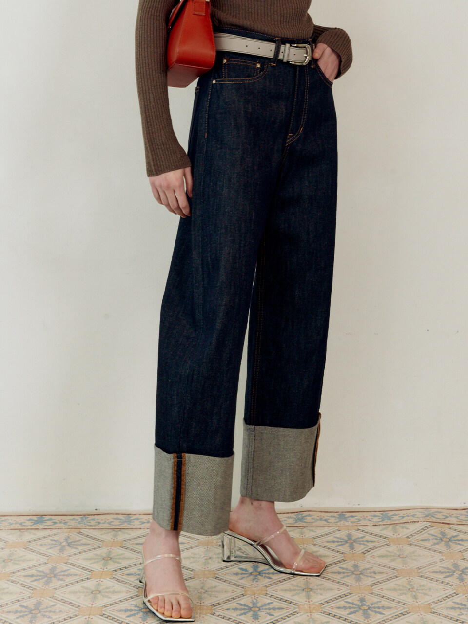 Enor Wide Leg Roll-up Denim Pants_Navy