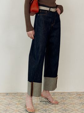 Enor Wide Leg Roll-up Denim Pants_Navy