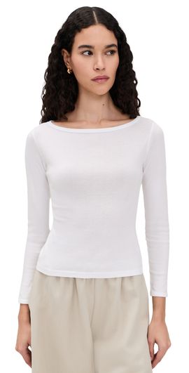 Enza Costa Enza Costa Fine Cotton Boat Neck Long Sleeve Top White