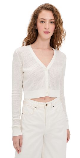Enza Costa Enza Costa Linen Open Knit Cropped V Neck Cardigan Off White