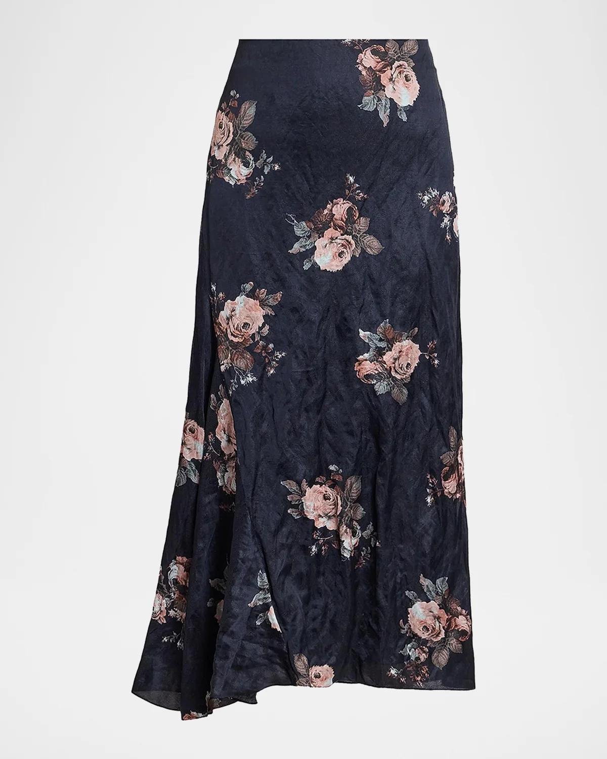 Erdem Draped Floral Crushed Satin Midi Skirt