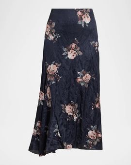 Erdem Draped Floral Crushed Satin Midi Skirt