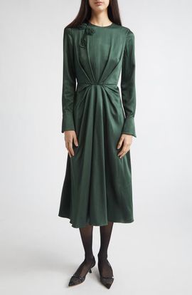 Erdem Erdem Embroidered Long Sleeve Satin Seersucker Midi Dress