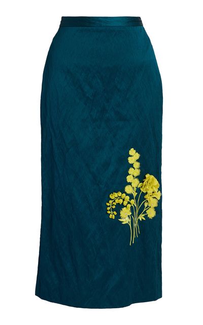 Erdem Erdem Embroidered Textured Satin Midi Pencil Skirt